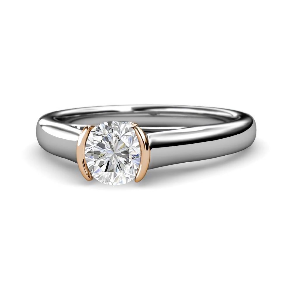 Solitaire Moissanite Half Bezel Two Tone Gold Engagement Ring