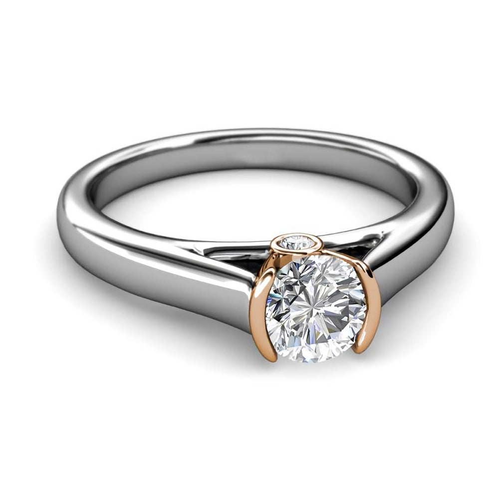 Solitaire Moissanite Half Bezel Two Tone Gold Engagement Ring