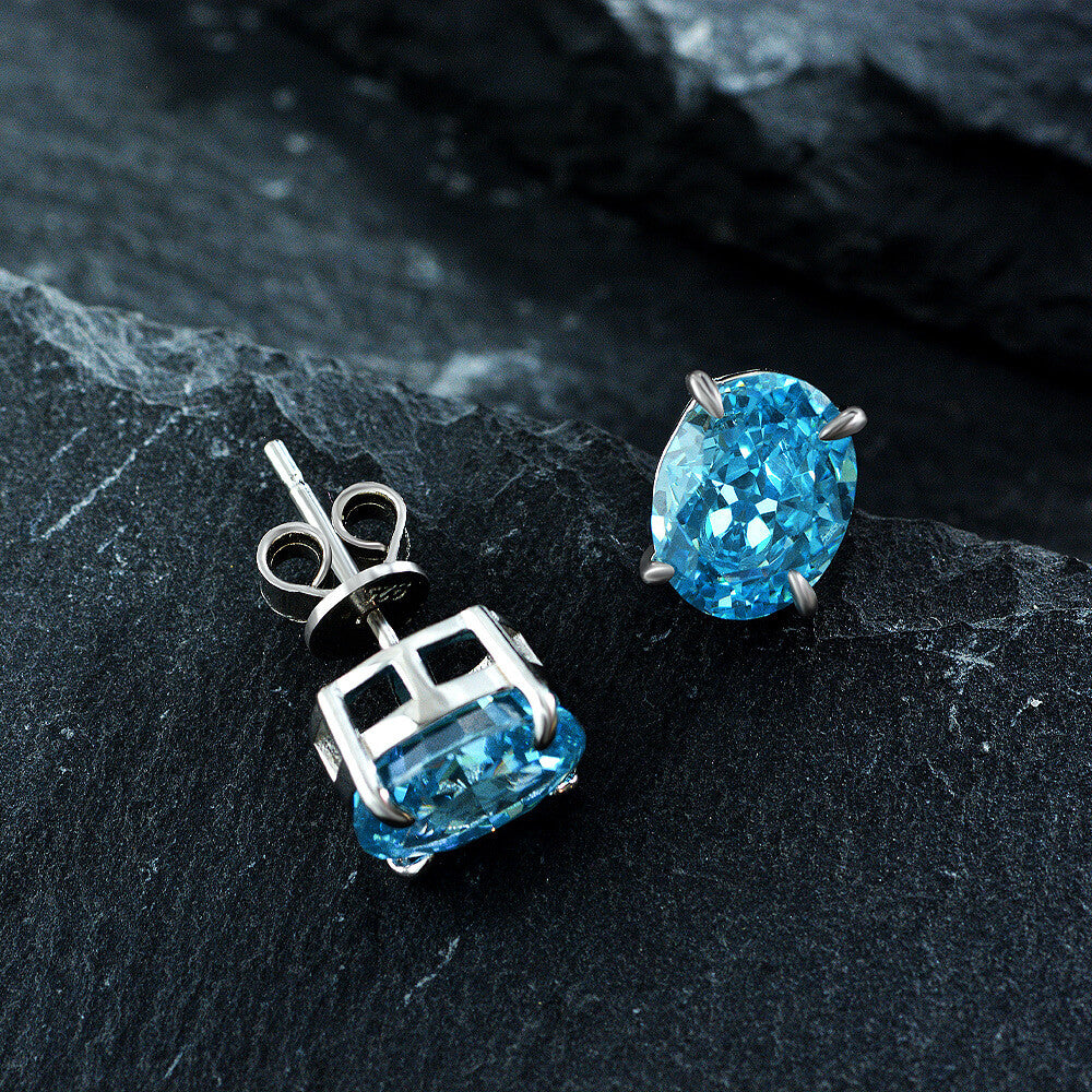 Solitaire Oval Cut Lab-Sapphire Sterling Silver Stud Earrings