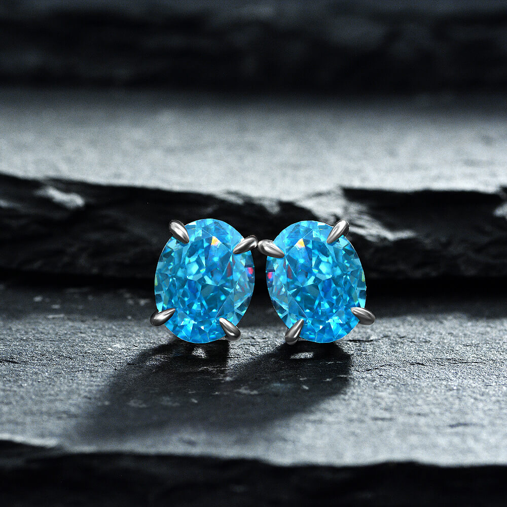Solitaire Oval Cut Lab-Sapphire Sterling Silver Stud Earrings