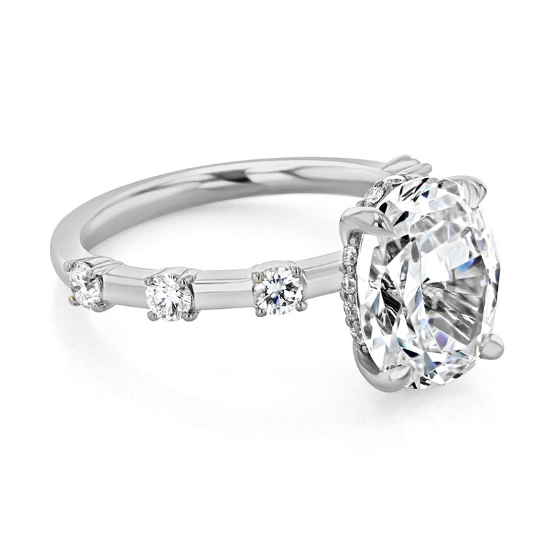 Hidden Halo Oval Moissanite Side Stone Engagement Ring