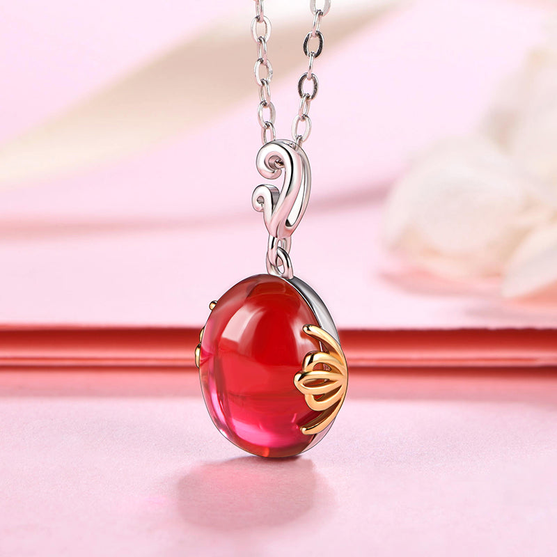 Solitaire Oval Plain Ruby Necklace In Sterling Silver