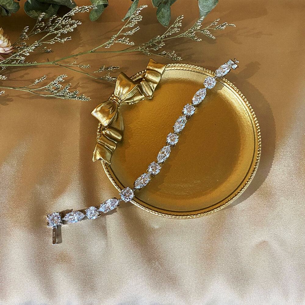 Solitaire Marquise & Round Lab-Sapphire Sterling Silver Bracelet