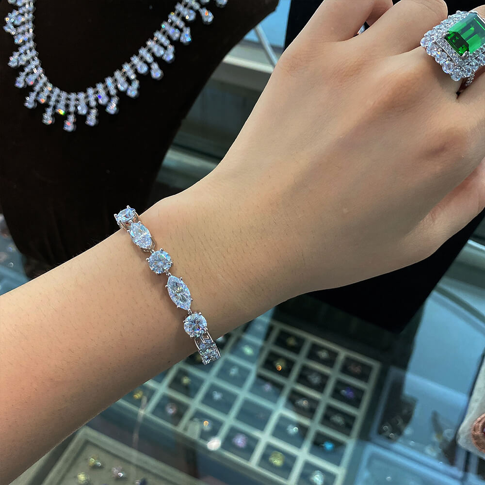 Solitaire Marquise & Round Lab-Sapphire Sterling Silver Bracelet
