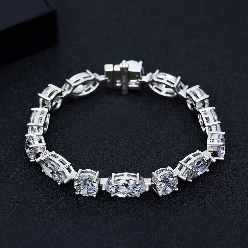 Solitaire Marquise & Round Lab-Sapphire Sterling Silver Bracelet