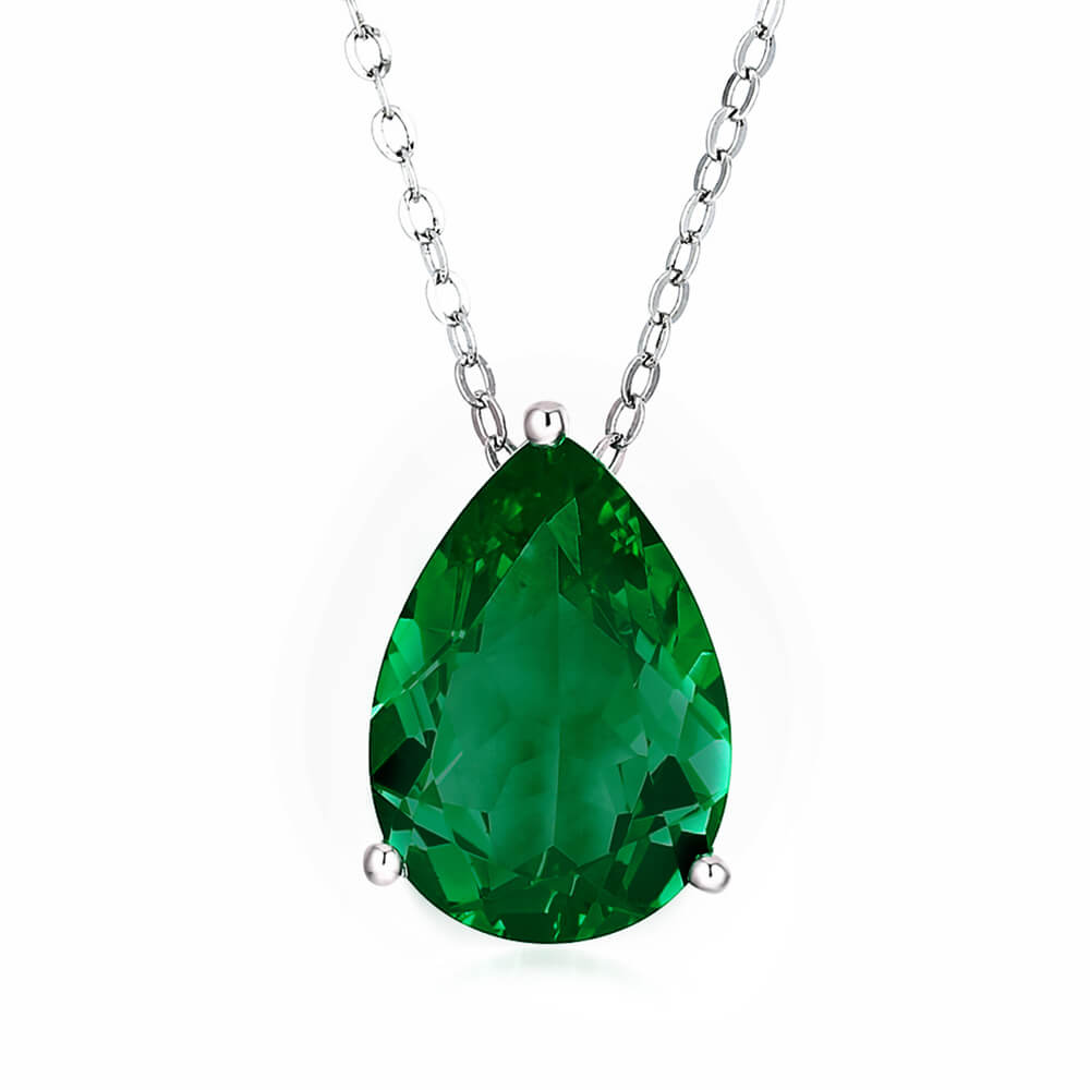 Solitaire Pear Lab-Created Emerald Sterling Silver Necklace