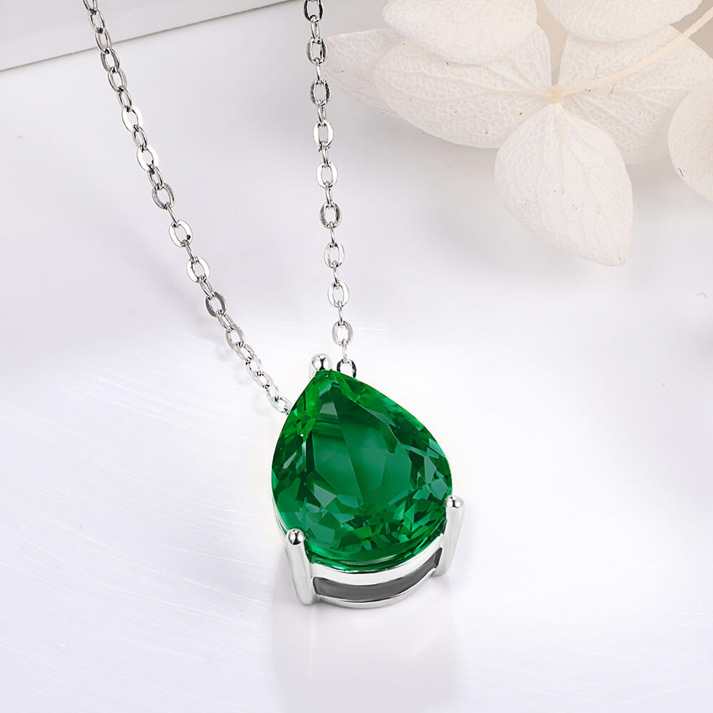 Solitaire Pear Lab-Created Emerald Sterling Silver Necklace