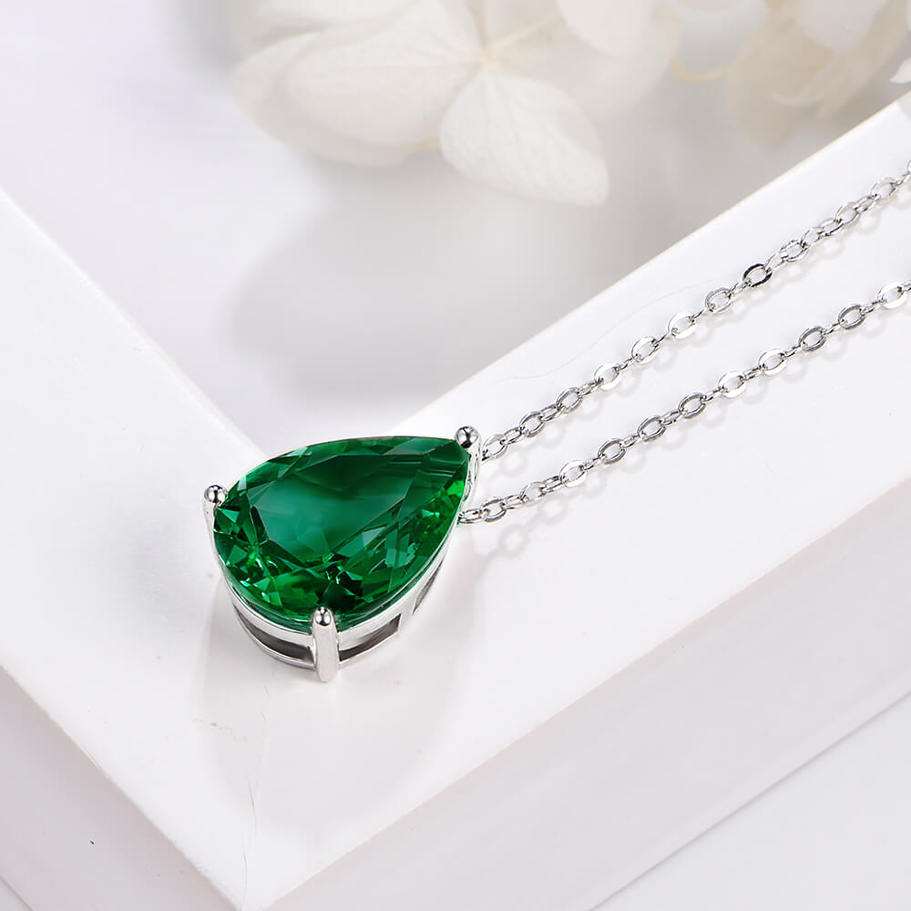 Solitaire Pear Lab-Created Emerald Sterling Silver Necklace
