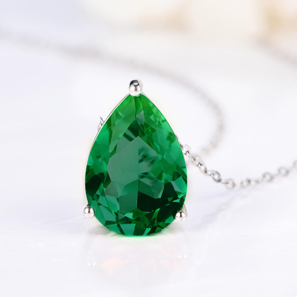 Solitaire Pear Lab-Created Emerald Sterling Silver Necklace