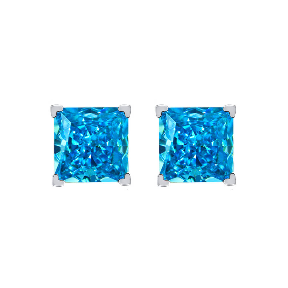 Solitaire Princess-Cut Lab-Sapphire Sterling Silver Stud Earrings