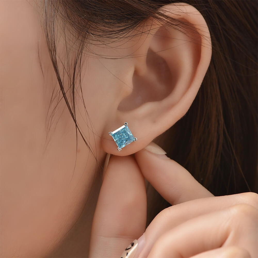 Solitaire Princess-Cut Lab-Sapphire Sterling Silver Stud Earrings