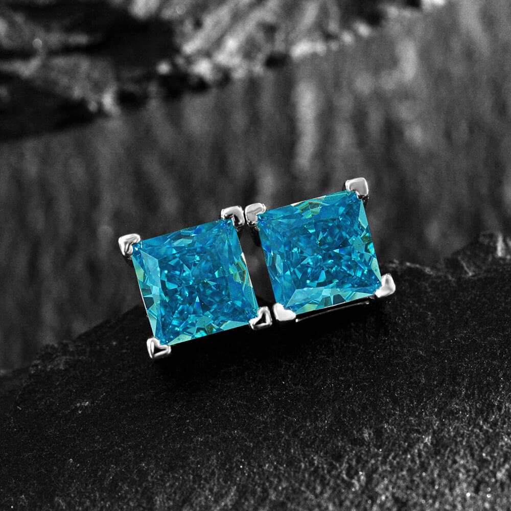 Solitaire Princess-Cut Lab-Sapphire Sterling Silver Stud Earrings