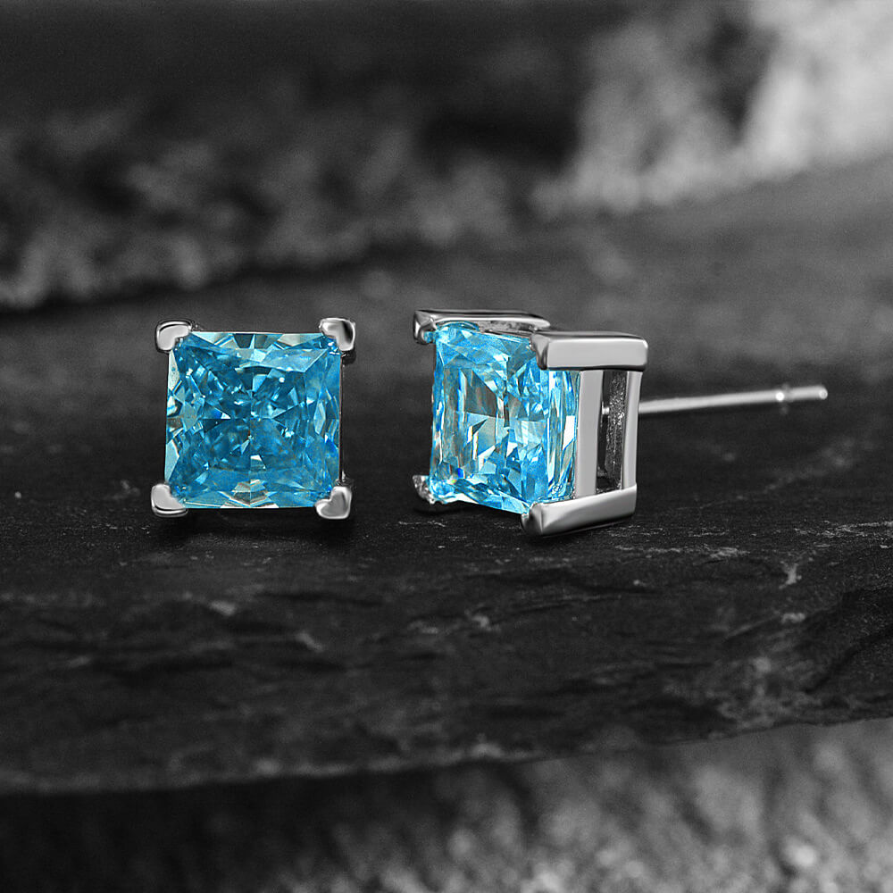 Solitaire Princess-Cut Lab-Sapphire Sterling Silver Stud Earrings