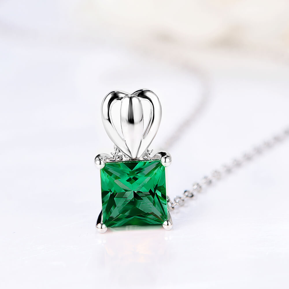 Solitaire Princess Lab-Created Emerald Sterling Silver Necklace