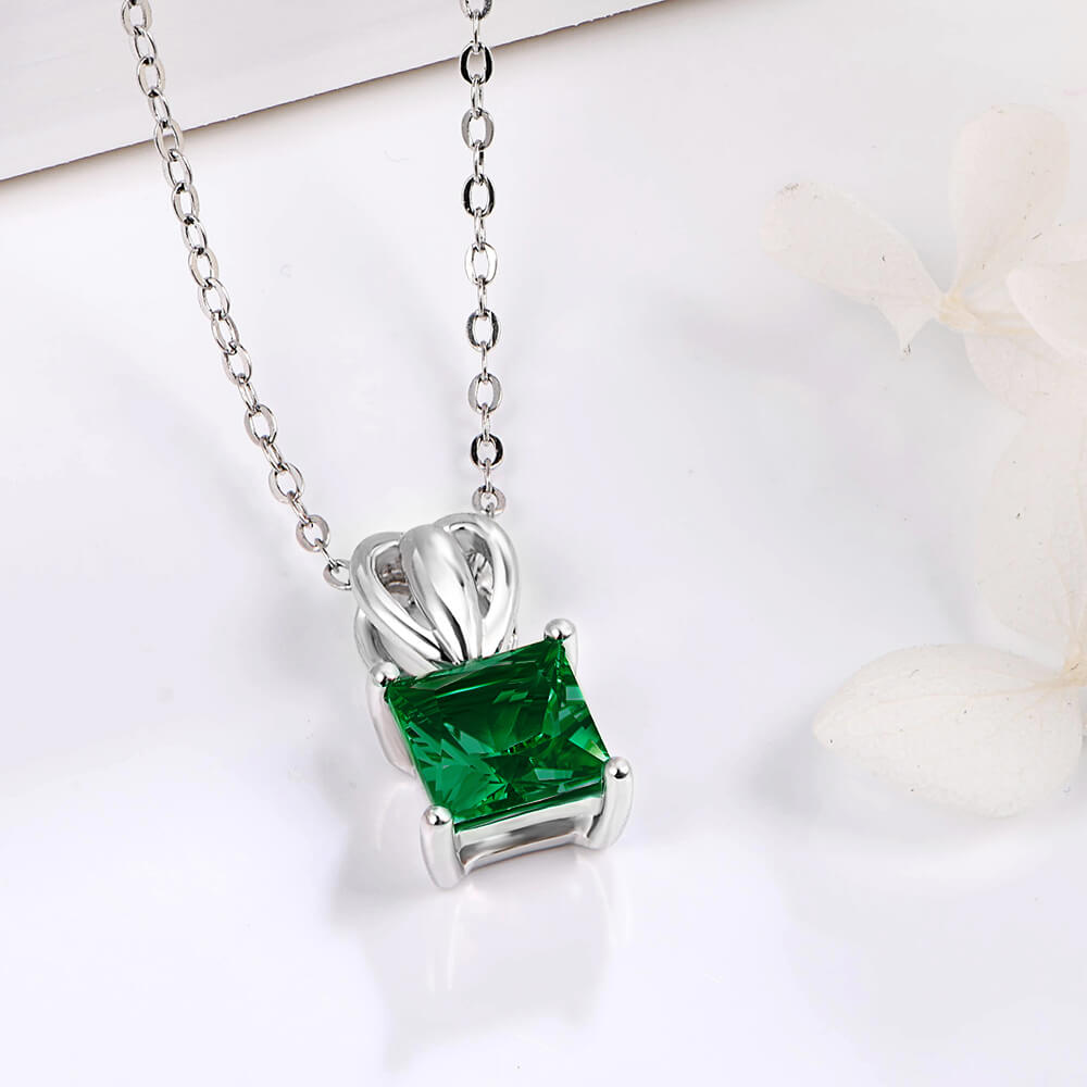 Solitaire Princess Lab-Created Emerald Sterling Silver Necklace