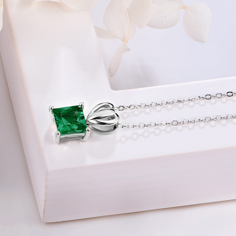 Solitaire Princess Lab-Created Emerald Sterling Silver Necklace
