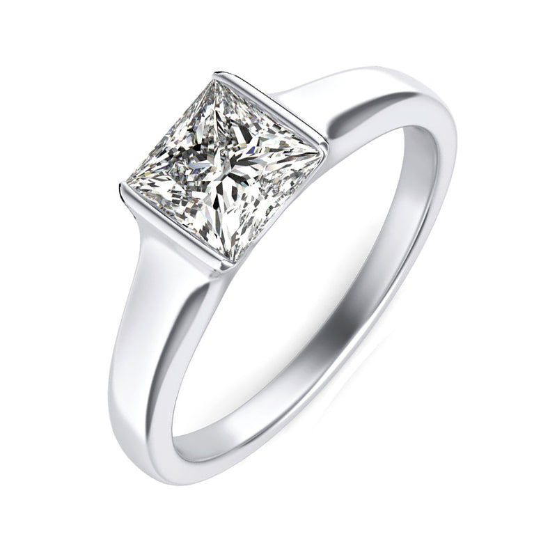 Solitaire Princess Moissanite Half Bezel Set Engagement Ring