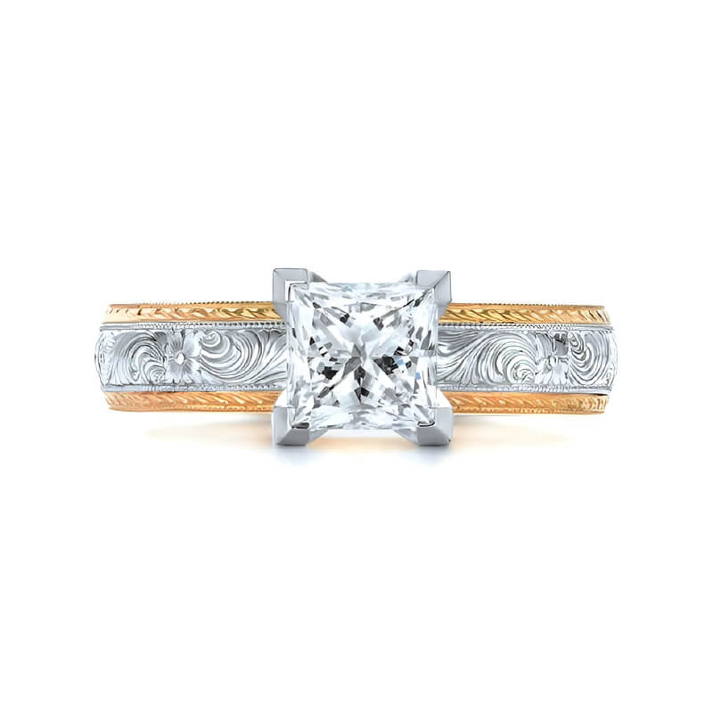 Solitaire Princess Moissanite Swirling Scroll Two Tone Engagement Ring