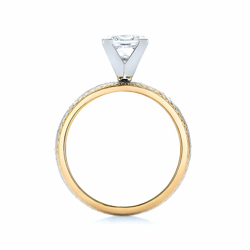 Solitaire Princess Moissanite Swirling Scroll Two Tone Engagement Ring