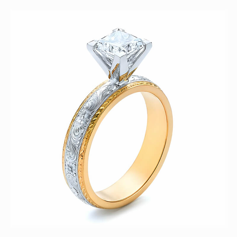 Solitaire Princess Moissanite Swirling Scroll Two Tone Engagement Ring