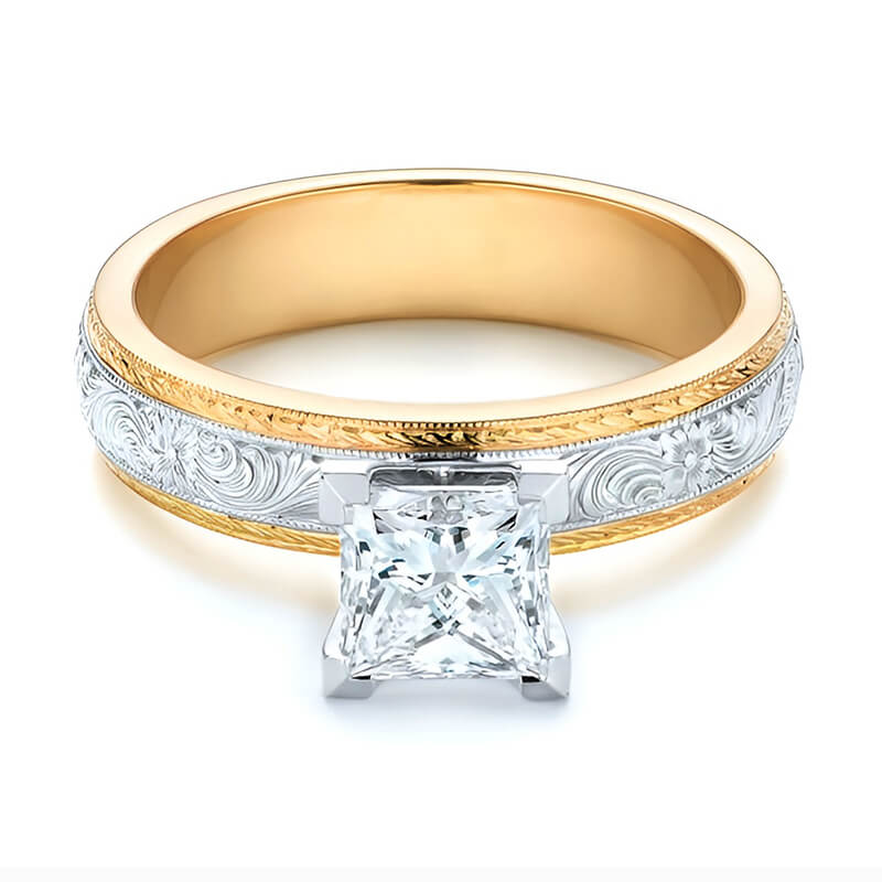 Solitaire Princess Moissanite Swirling Scroll Two Tone Engagement Ring