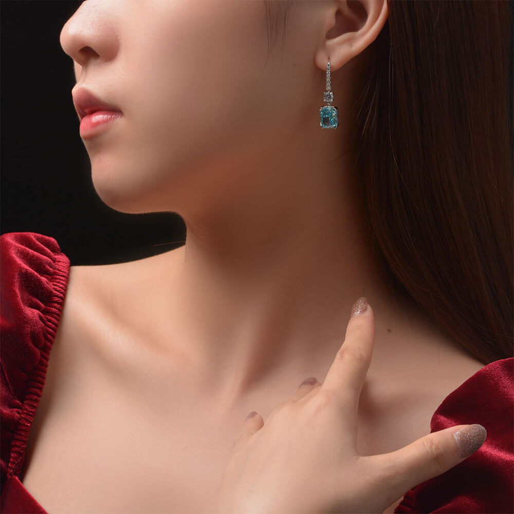 Solitaire Radiant-Cut Lab-Sapphire Sterling Silver Drop Earrings