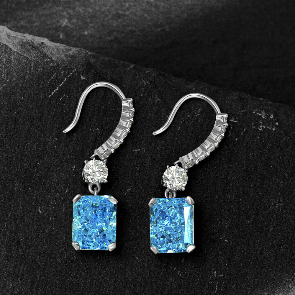 Solitaire Radiant-Cut Lab-Sapphire Sterling Silver Drop Earrings