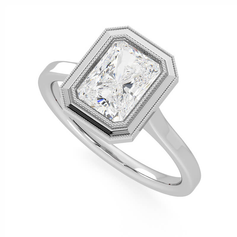 Solitaire Radiant Moissanite Milgrain Bezel Set Engagement Ring