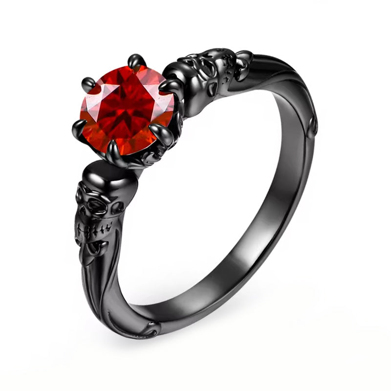 Solitaire Red Moissanite Skull Accents Ring In Black Sterling Silver