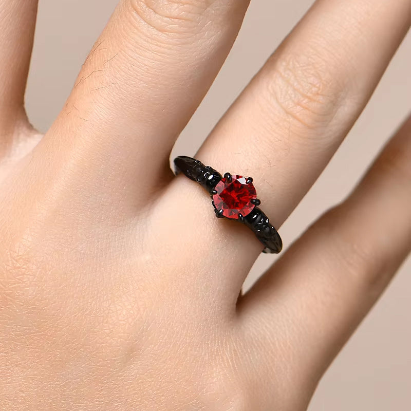 Solitaire Red Moissanite Skull Accents Ring In Black Sterling Silver