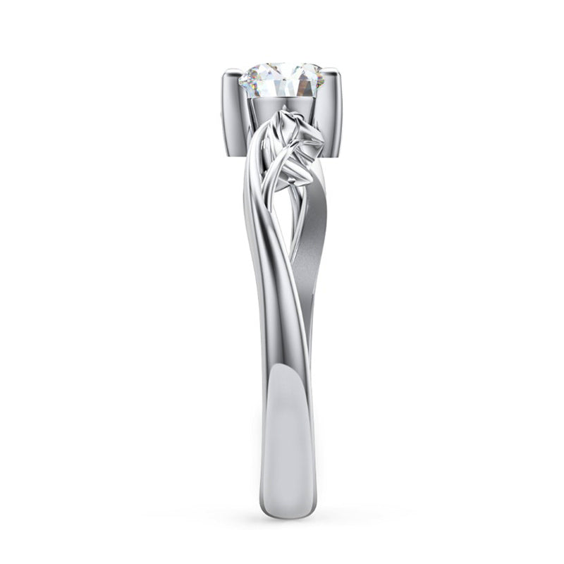 Solitaire Round Moissanite Leaf Accents Engagement Ring