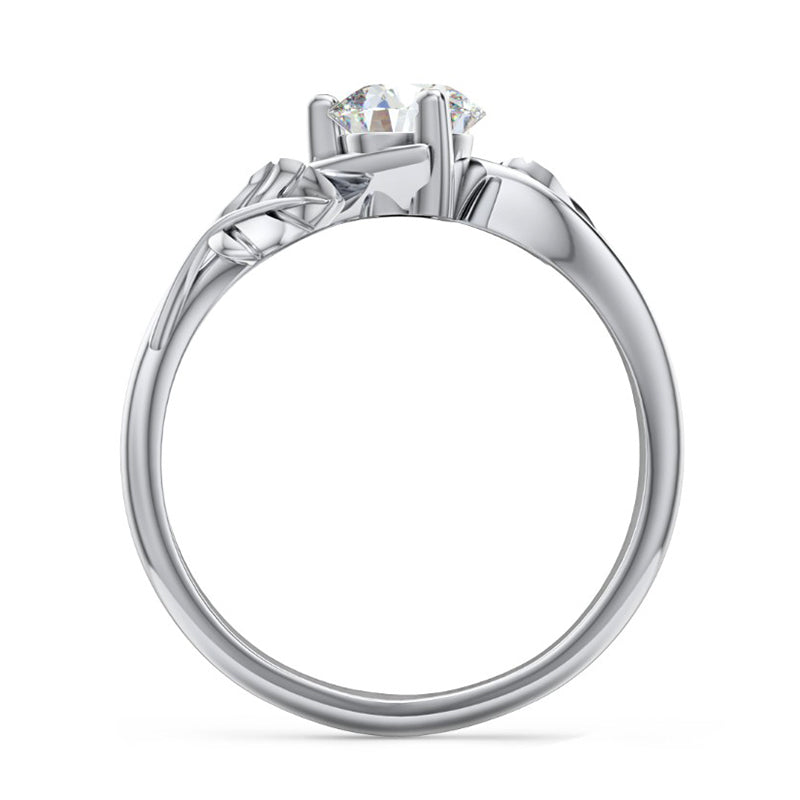 Solitaire Round Moissanite Leaf Accents Engagement Ring