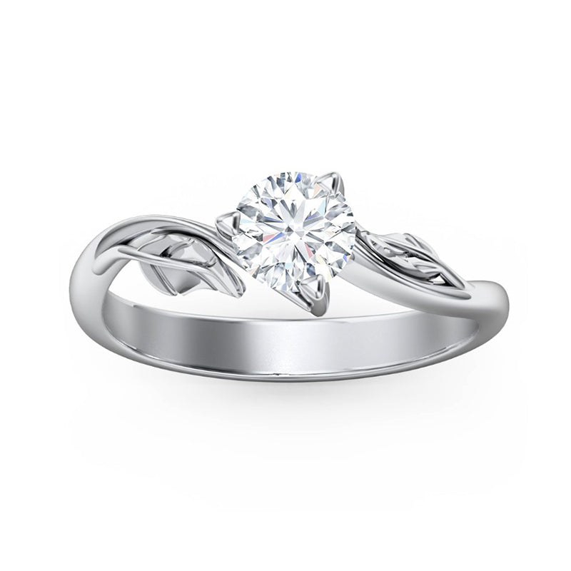 Solitaire Round Moissanite Leaf Accents Engagement Ring