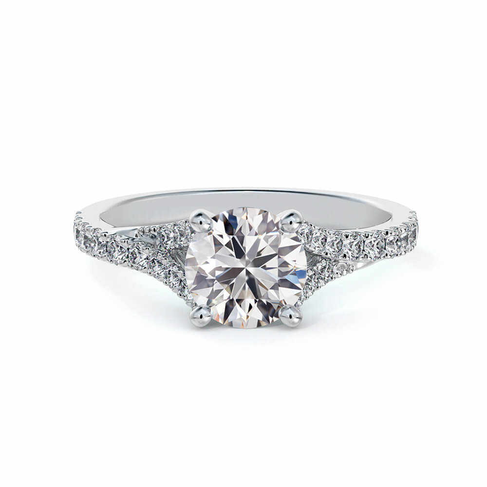 Solitaire Round Moissanite Split Shank Pave Gold Engagement Ring