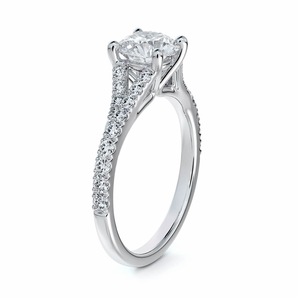 Solitaire Round Moissanite Split Shank Pave Gold Engagement Ring