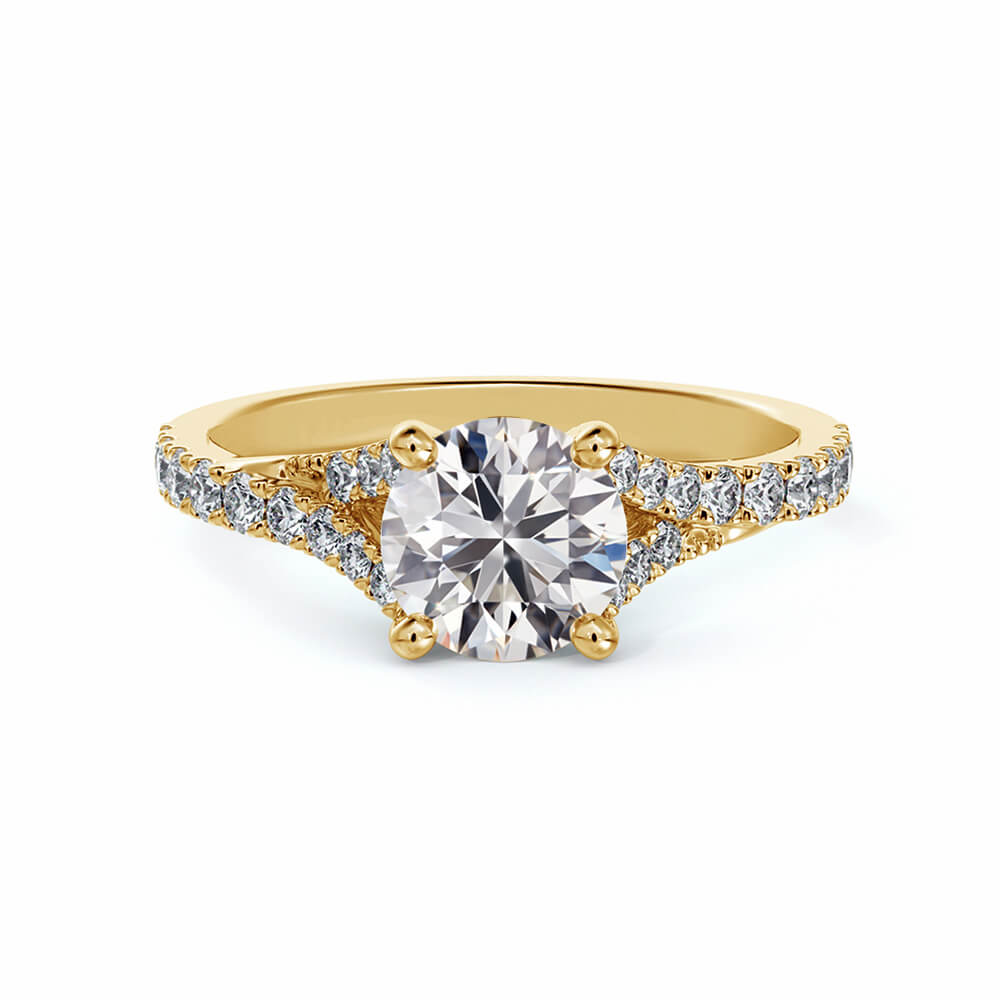 Solitaire Round Moissanite Split Shank Pave Gold Engagement Ring