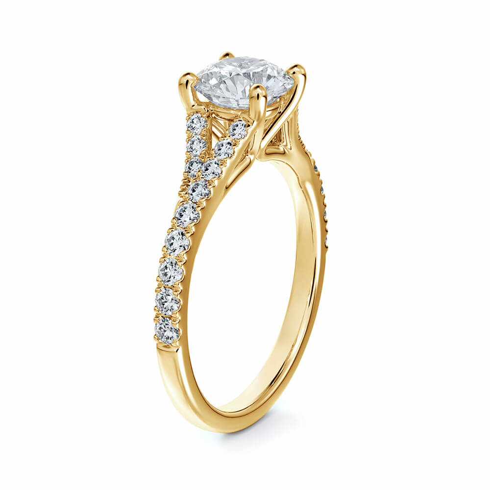 Solitaire Round Moissanite Split Shank Pave Gold Engagement Ring