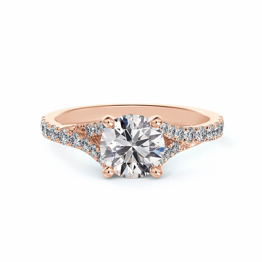 Solitaire Round Moissanite Split Shank Pave Gold Engagement Ring