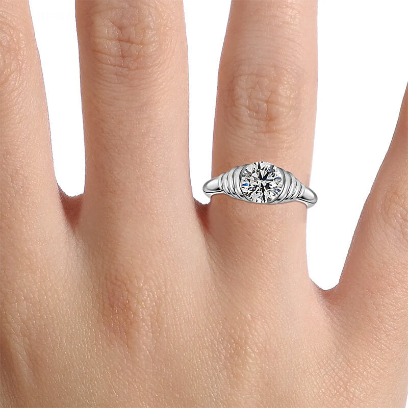 Solitaire Round Moissanite Stepped Half Bezel Engagement Ring