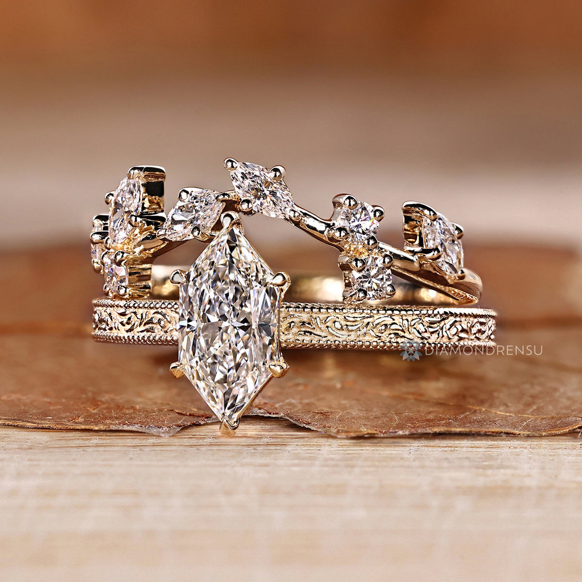 Dutch Marquise Wedding Ring in Ocean Waves Style