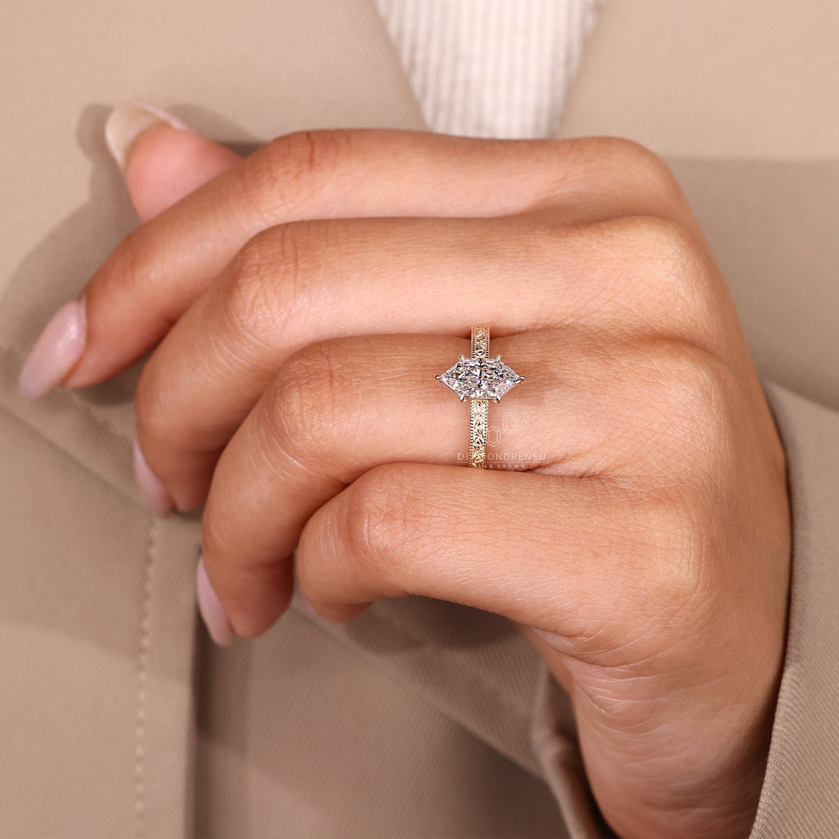 Solitaire Dutch Marquise Ring with Art Deco Ocean Wave Band