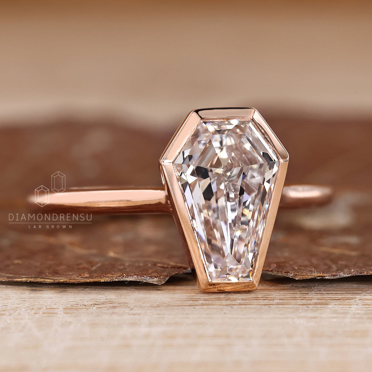Coffin Cut Solitaire Diamond Ring with Cathedral and Bezel Setting
