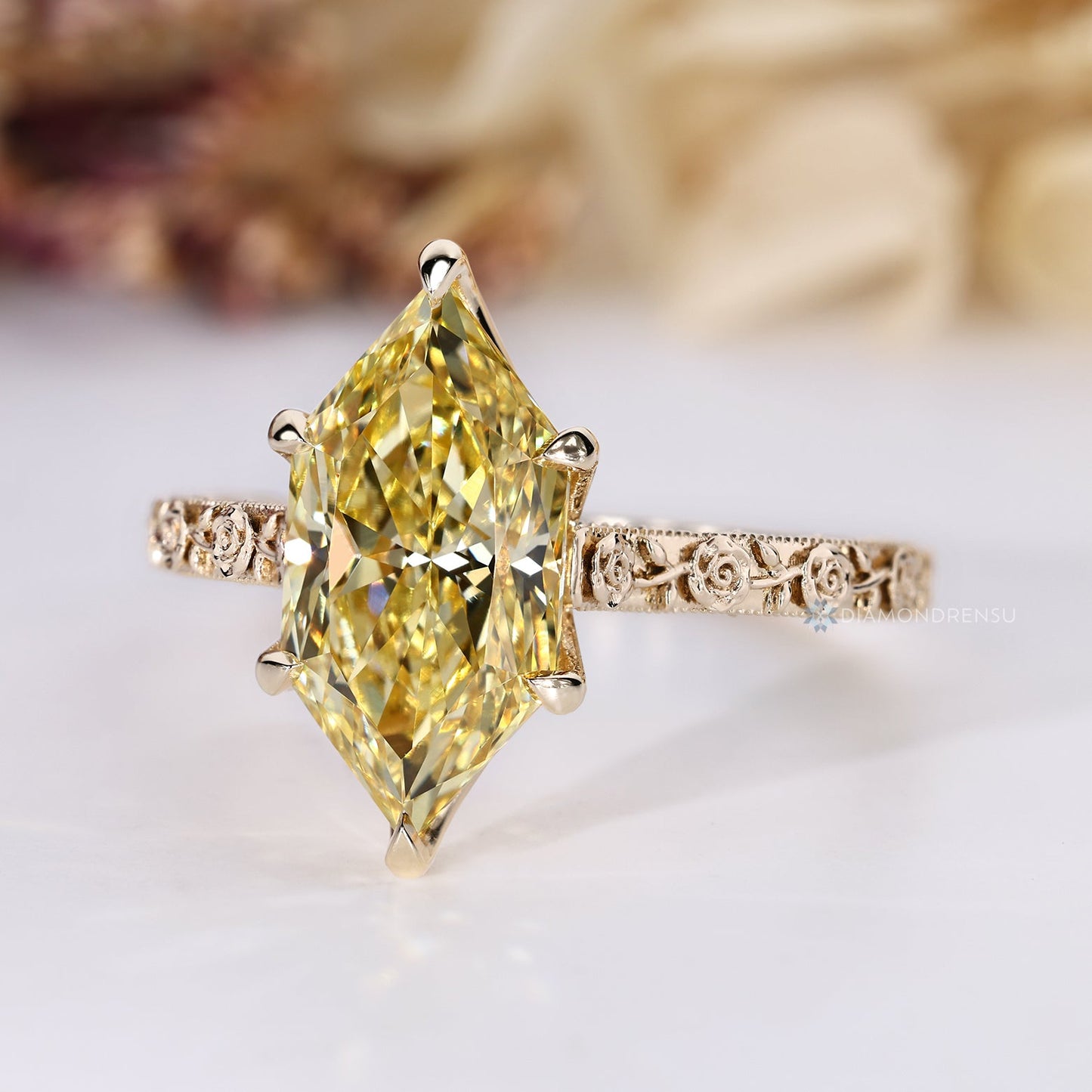 Yellow Dutch Marquise Diamond Ring with Art Deco Milgrain Details