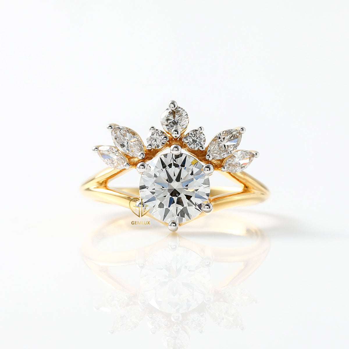 Split Shank Round Cut Moissanite Crown Style Ring