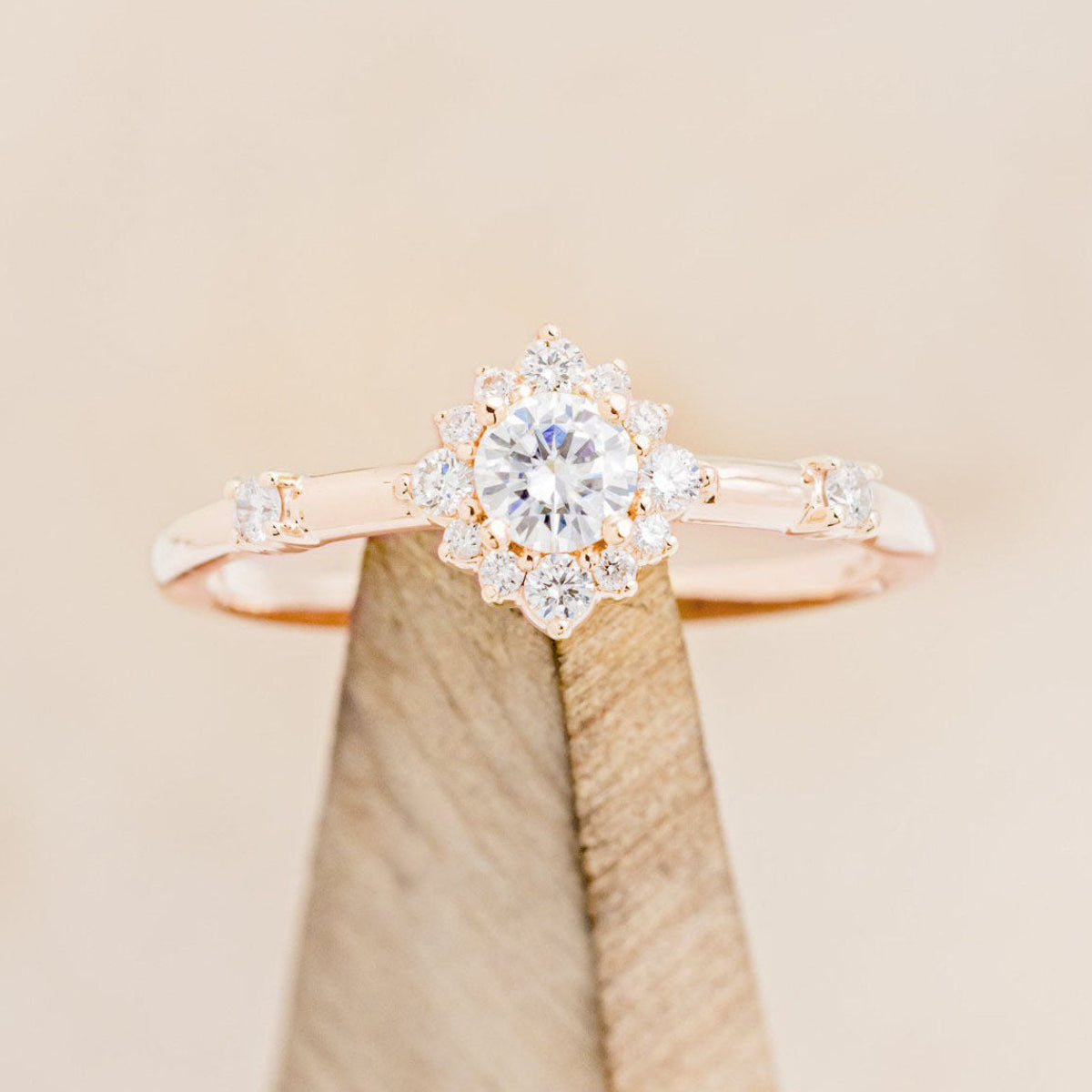 "Starla" - Round Cut Moissanite Engagement Ring With Starburst Diamond Halo