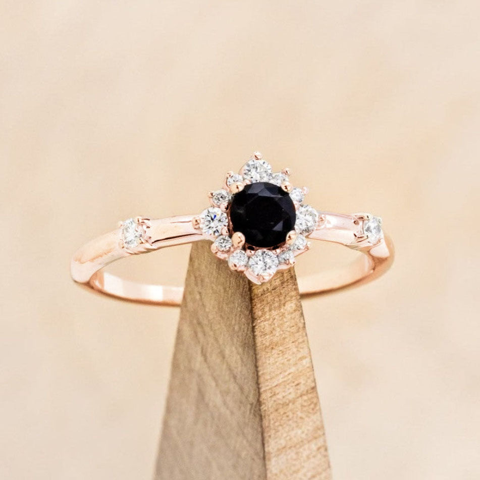 "Starla" - Round Cut Onyx Engagement Ring With Starburst Diamond Halo