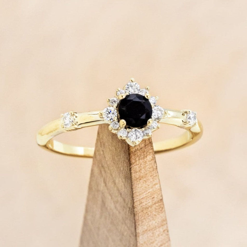 "Starla" - Round Cut Onyx Engagement Ring With Starburst Diamond Halo