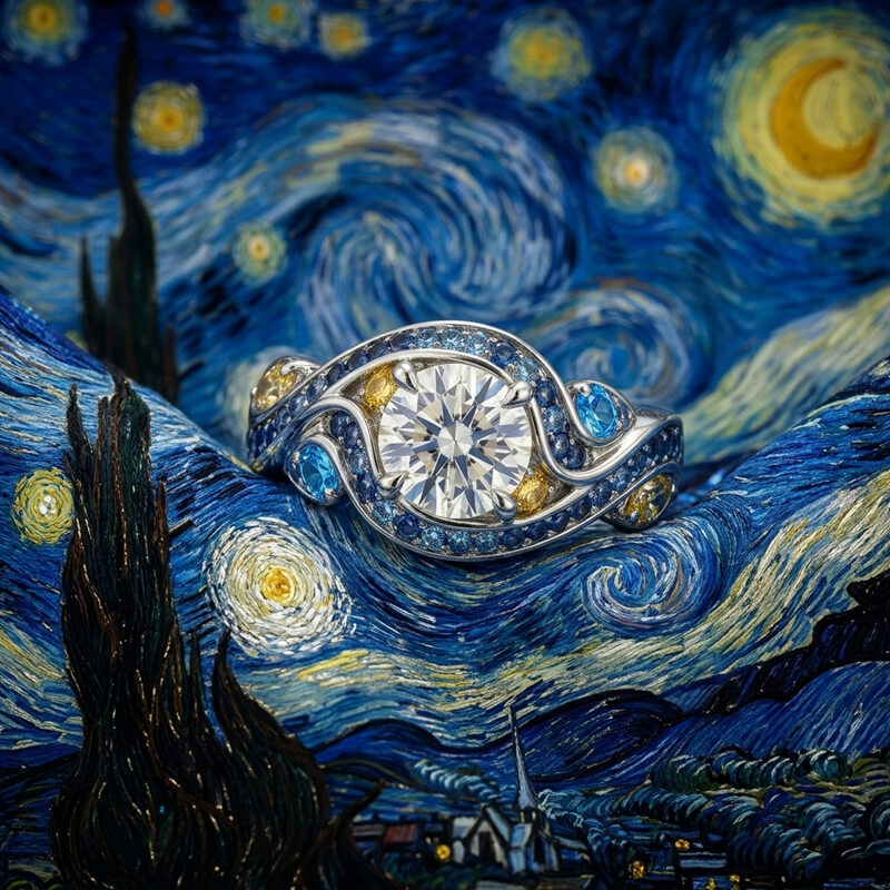 Starry Night Inspired Moissanite Blue & Yellow Sapphire Swirl Engagement Ring