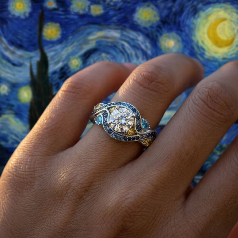 Starry Night Inspired Moissanite Blue & Yellow Sapphire Swirl Engagement Ring