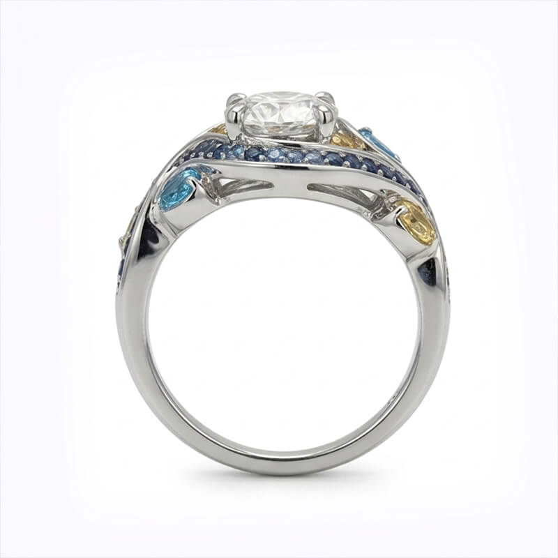 Starry Night Inspired Moissanite Blue & Yellow Sapphire Swirl Engagement Ring